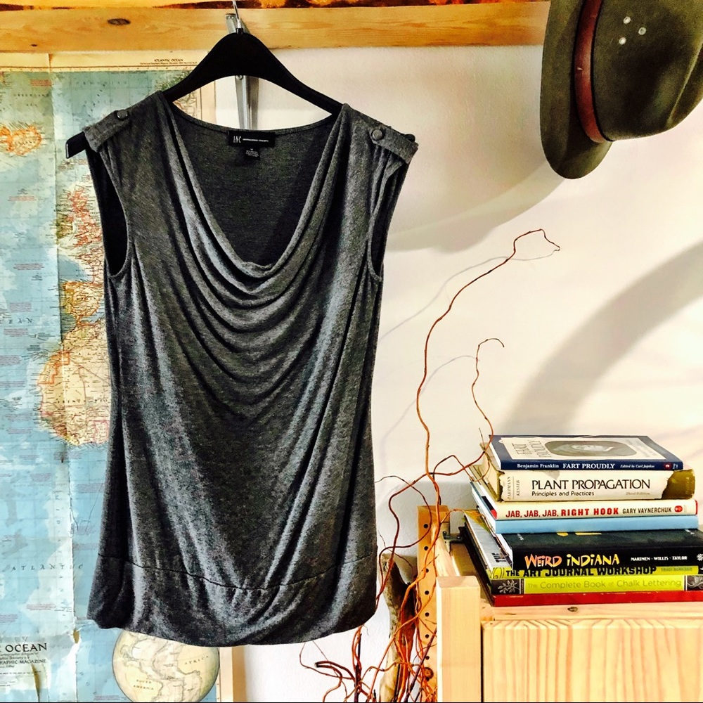 Grey Swoop Neck Tank with Button Detail